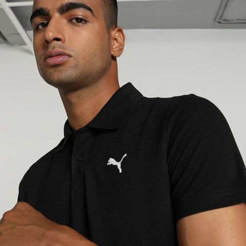 PUMA ESS Logo M Men Solid Polo Neck Pure Cotton Black T-Shirt - Image 7
