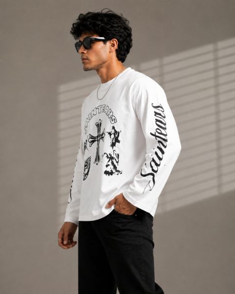 FASHLOOK Men Graphic Print, Typography Round Neck Cotton Blend White T-Shirt - Image 7