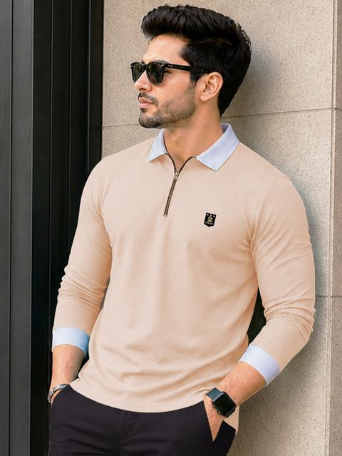 VeBNoR Men Self Design Polo Neck Polyester Beige T-Shirt - Image 7