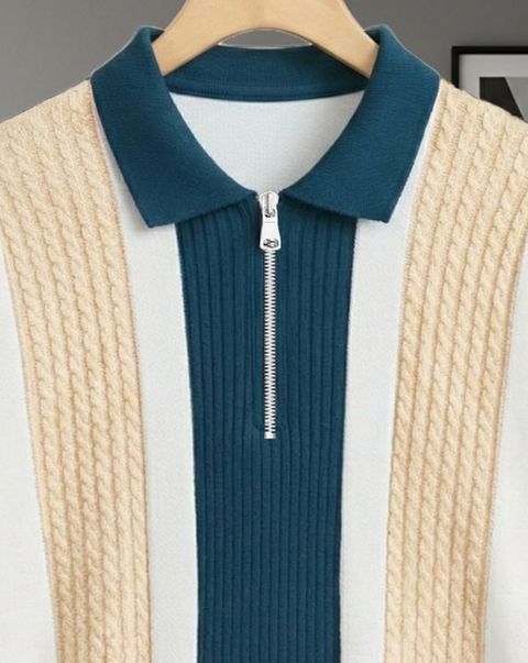 METRONAUT Self Design Men Polo Neck Cotton Blend White, Dark Blue T-Shirt - Image 4
