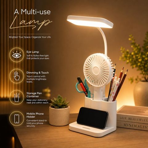 Dwiza Enterprise Multifunctional 3 Level Brightness Rechargeable with Pen and Mobile Holder Desk Study Lamp (37 cm, White) - Image 5