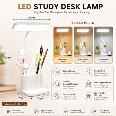 Dwiza Enterprise Multifunctional 3 Level Brightness Rechargeable with Pen and Mobile Holder Desk Study Lamp (37 cm, White) - Image 4