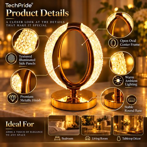 TechPride Crystal Oval LED Table Lamp, 25 cm, Warm White - Image 6