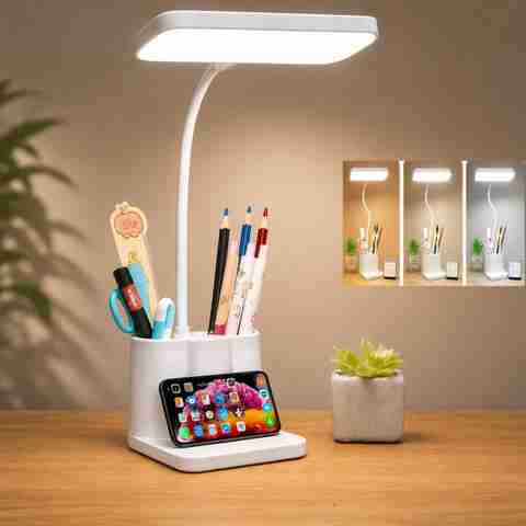 Dwiza Enterprise Multifunctional 3 Level Brightness Rechargeable with Pen and Mobile Holder Desk Study Lamp (37 cm, White) - Image 3