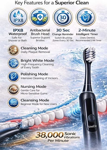 VEEDE Electric Toothbrush (Black, Silver) - Image 7