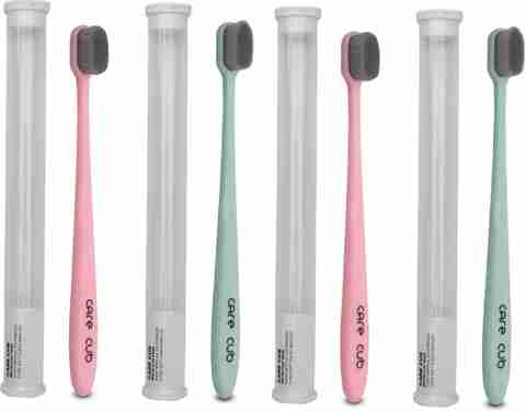 CARE CUB Green & Pink Flat Nano10000 Bristle BPA Free Effect For Sensitive Teeth Extra Soft Toothbrush (Pack of 4) - Image 5