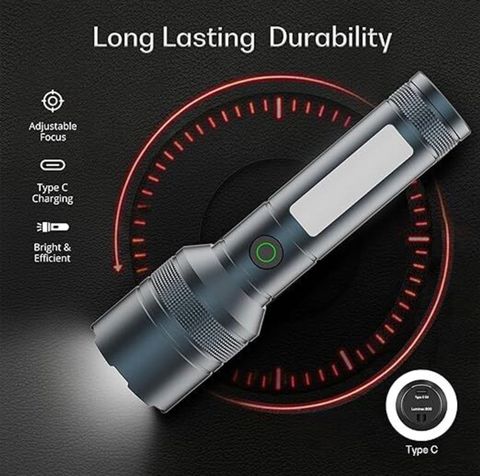 Oximus Rechargeable LED Flashlight High Bright 5 Modes, medium / low/ sos Modes Focus à¤à¥à¤°à¥à¤ (à¤à¤¾à¤²à¤¾ रिà¤à¤¾à¤°à¥à¤à¥à¤¬à¤²) - Image 5