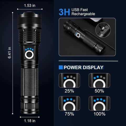 CRENTILA 1000m Long Range LED Torch Light Rechargeable High Power Flashlight USB Charging Torch (Black, 16.5 cm, Rechargeable) - Image 6