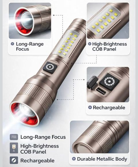 Oximus Rechargeable LED Flashlight High Bright 5 Modes, medium / low/ sos Modes Focus à¤à¥à¤°à¥à¤ (à¤à¤¾à¤²à¤¾ रिà¤à¤¾à¤°à¥à¤à¥à¤¬à¤²) - Image 4
