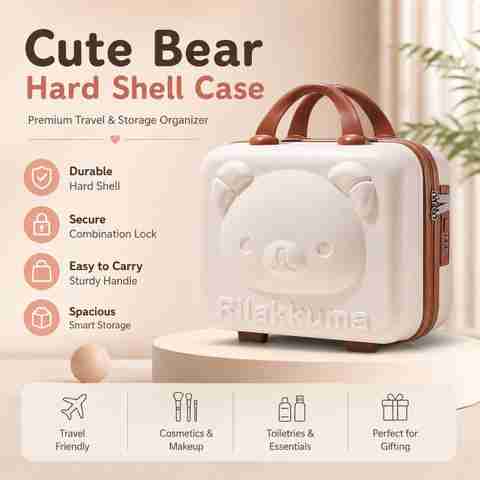 maraxis Cute Bear Hard Shell Cosmetic Storage Case With Combination Lock for Women Travel Toiletry Kit (Beige, Brown) - Image 3