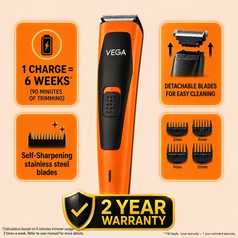 VEGA Alpha Edge Beard Groomer for Men with 4 Comb, USB C-Type Charger (VHTH-45) Trimmer 90 min Runtime 4 Length Settings (Orange) - Image 8