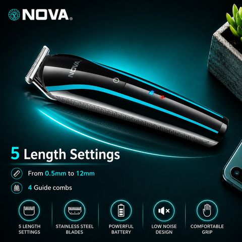 NOVA NHT 1073 Trimmer 60 min Runtime 5 Length Settings (Black, Blue) - Image 3