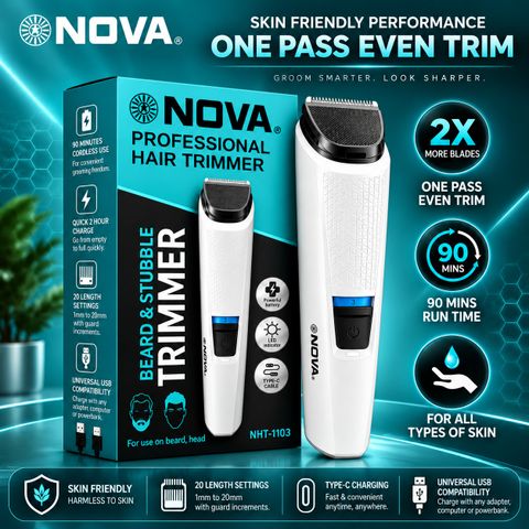 NOVA NHT 1103 W Trimmer 90 min Runtime 7 Length Settings (White) - Image 4