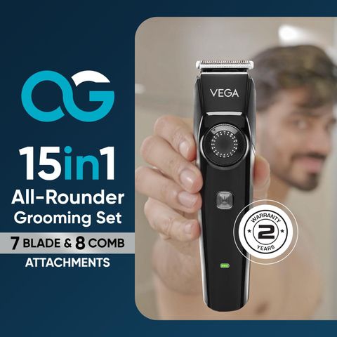 VEGA OG 15 in 1 All Rounder Grooming Set,Face, Nose, Body Trimmer VHTH37 Fully Waterproof Grooming Kit 180 min Runtime 15 Length Settings (Black) - Image 3