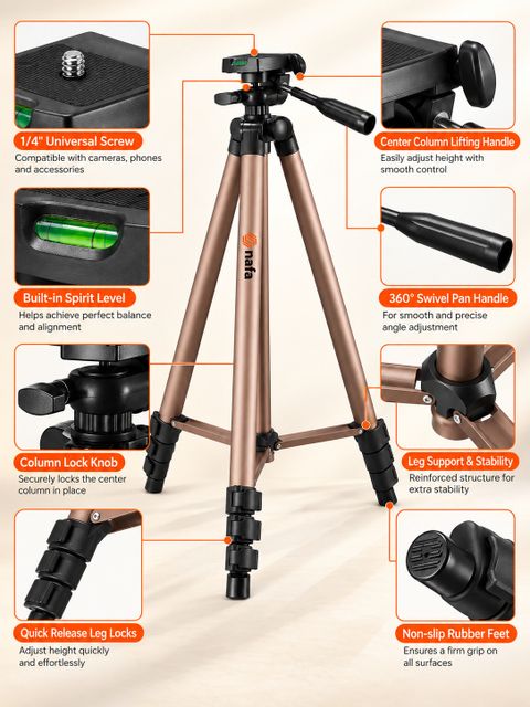 NAFA NX-03 Vesk 52 Inch Adjustable Camera & Mobile Tripod Stand with Phone Holder Tripod (Copper, Supports Up to 3000 g) - Image 6