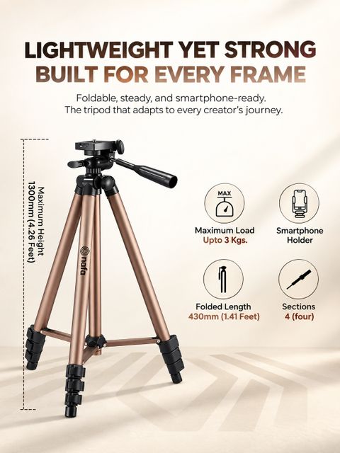 NAFA NX-03 Vesk 52 Inch Adjustable Camera & Mobile Tripod Stand with Phone Holder Tripod (Copper, Supports Up to 3000 g) - Image 7