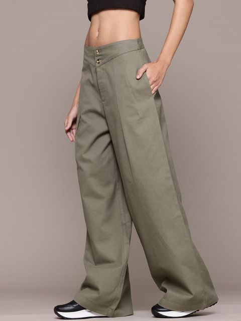 Roadster Women Regular Fit Green Cotton Blend Trousers - Image 6