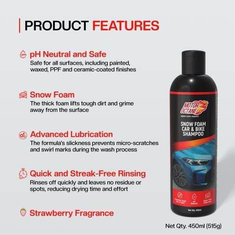 MOTOROCTANE Car & Bike Shampoo Wash|pH Neutral | Safe On Paint, PPF & Ceramic Coats. Car Washing Liquid (450 ml) - Image 4