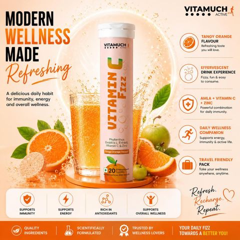 VITAMUCH Vitamin C Fizz | Amla Extract & Zinc | Immunity & Skin | Tangy Orange-Pack of 4 (4 x 5 Tablets) - Image 6