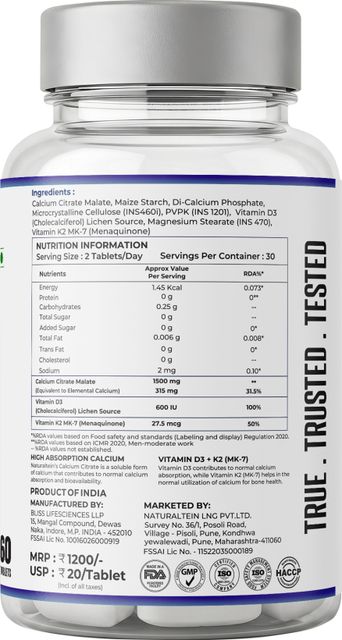 NATURALTEIN Calcium Citrate with Vitamin D3 + K2 (MK7) - 60 Tablets - Image 5