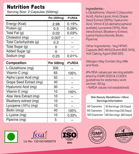 MyFitFuel Skin Beauty Glutathione +Lycopene, Biotin, VitaminE, Hyaluronic +12more 120 Caps Price in India