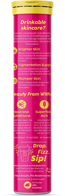 plix glutathione benefits Daily exposure to sun, pollution, and stress can make skin look dull, uneven, and pigmented., Glowy Skin Effervescent Tablets are formulated with:, 500 mg helps regulate melanin plix glutathione tablets benefits Glow