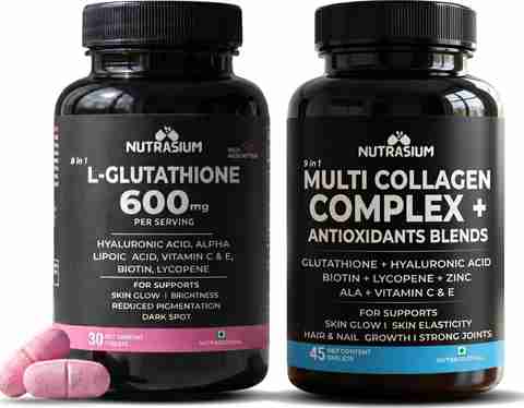 be shiny glutathione NUTRASIUM L-Glutathione with Multi collagen Combo For Soft, Shiny, Glowing Firm Skin Price in India Now Foods Glutathione Capsules