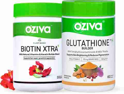oziva plant based glutathione builder for Skin Brightening+BiotinXtra for Hair Repair&Regeneration Price in India Private Label GHK-Cu SNAP-8 Capsule count:60 Capsules capsule