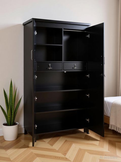 CASPIAN Wooden Almirah for Clothes and Stacking space -Home Furniture Storage Engineered Wood 2 Door Wardrobe (Finish Color - Coffee Black, Mirror Included, Pre-assembled) - Image 7