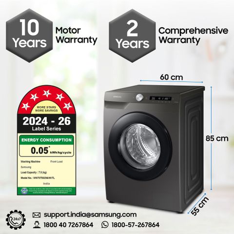 Samsung 7 kg 5 Star, AI Control, Wi-Fi, Digital Inverter Fully Automatic Front Load with In-built Heater Silver (WW70T502NAN1TL) - Image 8