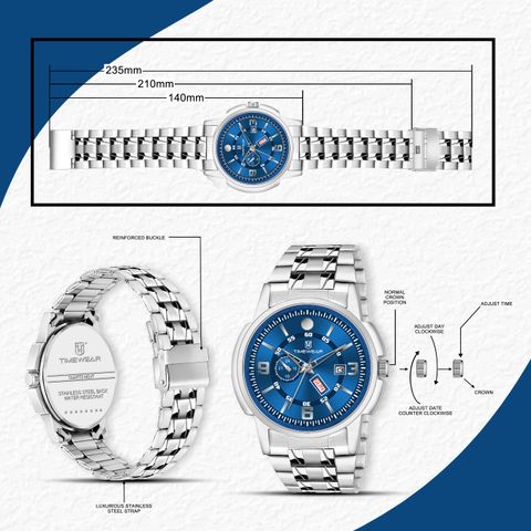TIMEWEAR Blue Dial Day Date Functioning Stainless Steel Chain Analog Watch - For Men 340BDTG - Image 5