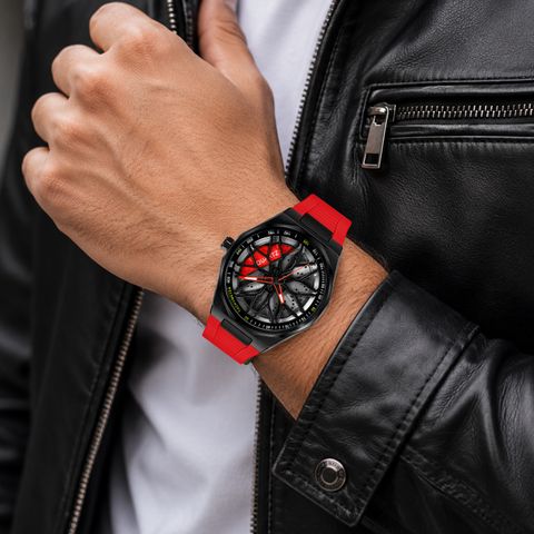 NIXEA Menâs Car Wheel Rim Design Analog Watch - For Men Sports Inspired Red Rubber Strap, Black Rim Dial with Brake Caliper Detail - Image 7