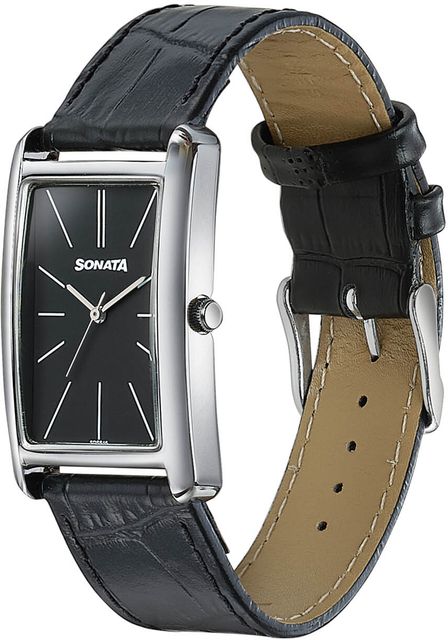 Sonata Ascent Quartz Black Dial Leather Strap Watch for Men - Image 5