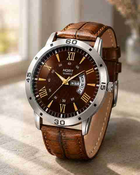 homt Premium Brown Belt Day-Date Round display Analog Watch - For Men Waterproof with Working Day-Date Office & casual wear Gents watch - Image 5