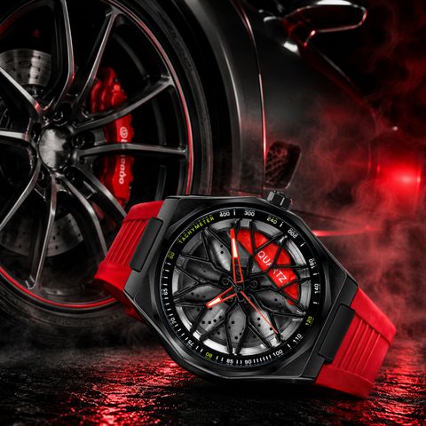 NIXEA Menâs Car Wheel Rim Design Analog Watch - For Men Sports Inspired Red Rubber Strap, Black Rim Dial with Brake Caliper Detail - Image 8