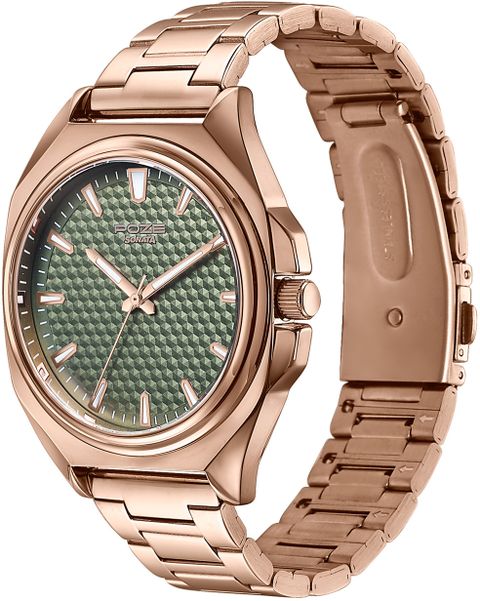 Sonata Poze 7 Men's Analog Watch - Green Dial, Rose Gold Strap - Image 8
