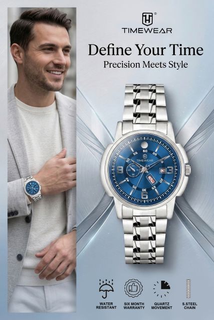 TIMEWEAR Blue Dial Day Date Functioning Stainless Steel Chain Analog Watch - For Men 340BDTG - Image 8