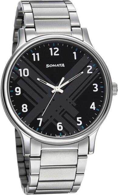 Sonata Smart Plaid Black Dial Silver Stainless Steel Strap Analog Watch - For Men NT77105SM02W,NU77105SM02W - Image 6