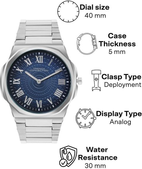 French Connection Roman Number Blue Textured Dial | Men's Silver Analog Watch - For Men FCN0125USM - Image 8