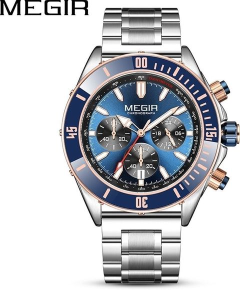 MEGIR Mens Chronograph Luxury Blue dial Chain Wrist Watch For Men