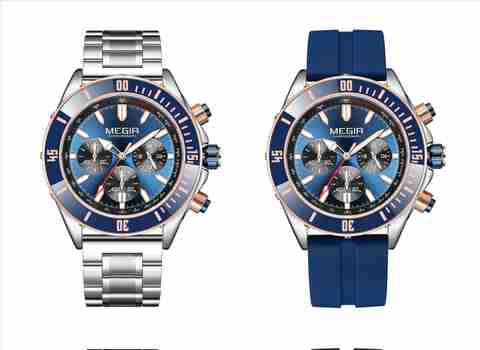 MEGIR Mens Chronograph Luxury Blue dial Chain Wrist Watch For Men