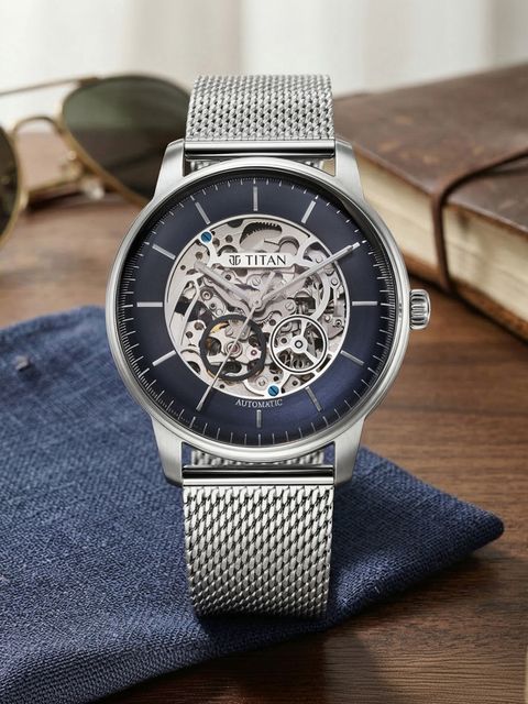 Titan Automatic Dark Blue Dial Silver Metal Strap Analog Watch - For Men 90195SM01,NU90195SM01 - Image 6