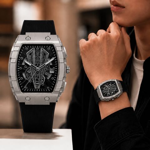 MAAN INTERNATIONAL Obsidian Vortex Series Skeleton Dial Tonneau Shape Case Premium Silicone Strap Analog Watch - For Men OBS-SKL-VTX-BLACK - Image 7