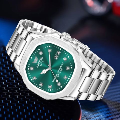 ABREXO Nautilus Date Working Square Green Dial Silver Stainless Steel Quartz Mechanism Analog Watch - For Men Abx4800-GRN SL - Image 6