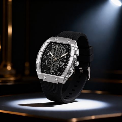 MAAN INTERNATIONAL Obsidian Vortex Series Skeleton Dial Tonneau Shape Case Premium Silicone Strap Analog Watch - For Men OBS-SKL-VTX-BLACK - Image 6