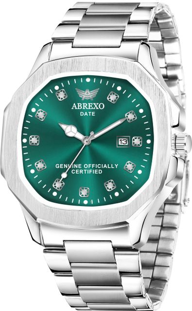 ABREXO Nautilus Date Working Square Green Dial Silver Stainless Steel Quartz Mechanism Analog Watch - For Men Abx4800-GRN SL - Image 8