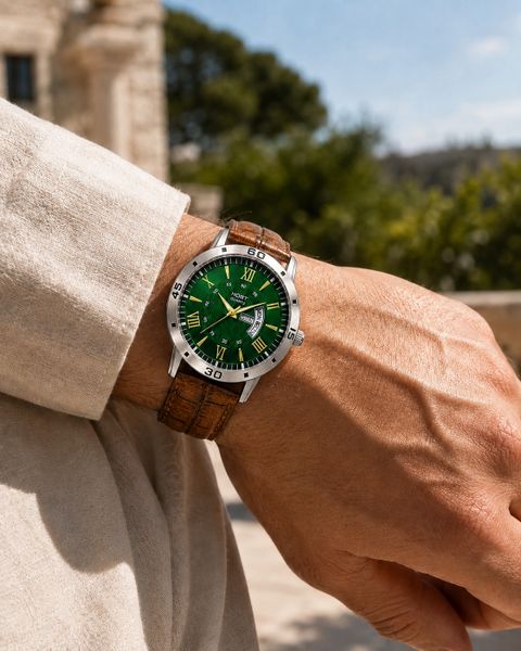 homt Fashion Luxury Round Green dial leather belt Smart Analog Watch - For Men 2122YL07 - Image 6