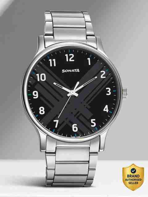 Sonata Smart Plaid Black Dial Silver Stainless Steel Strap Analog Watch - For Men NT77105SM02W,NU77105SM02W - Image 5