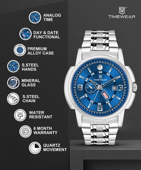 TIMEWEAR Blue Dial Day Date Functioning Stainless Steel Chain Analog Watch - For Men 340BDTG - Image 7