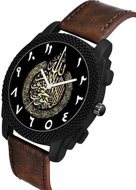 Gopal Retail Analog Watch - For Men C1004BLK CASE ISLAMIC Design08 Round Black Dial Maroon Leather Strap - Image 6